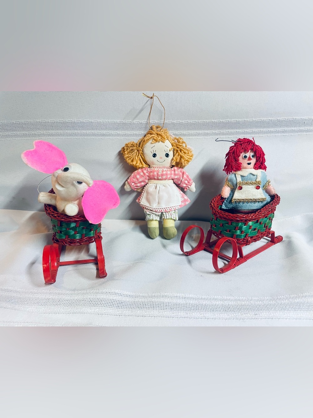 Vintage Christmas Sleighs w Dolls & Flocked Dumbo Ornaments Lot of 5